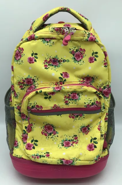 J World English Rose Rolling Backpack Roller Bag Wheels Flowers Yellow Pink Hand