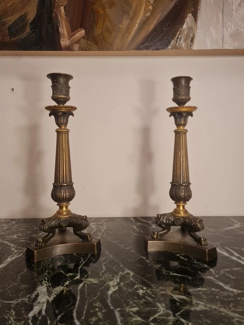 Ancienne Paire De Bougeoirs En Bronze Époque Napoléon III