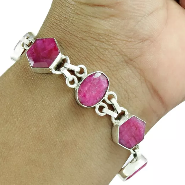 Regalo para Mujer Cadena Boho Pulsera 925 Plata de Ley Natural Gema Rubí R8