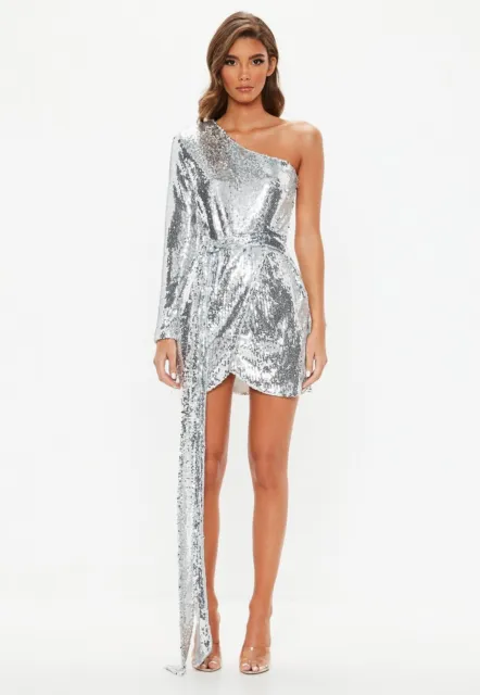Missguided - Peace + Love Silver Sequin One Shoulder Wrap Mini Dress Size 10