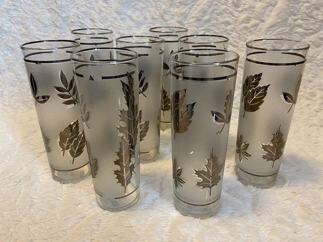 8 Frosted Silver Leaf Tall 7" LIbby Drinking Glasses High Ball Bar Tom Collins