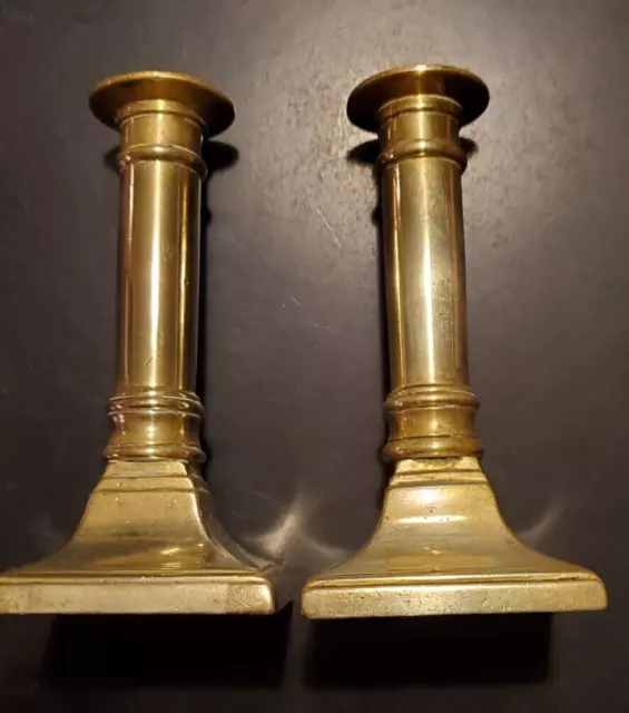 Pair Antique Georgian Brass Candlesticks 5" High Gorgeous Shine and Colour. VGC