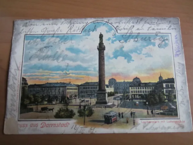 alte Postkarte, Litho, Gruß aus Darmstadt, Louisenplatz, 1901, kleine Mängel