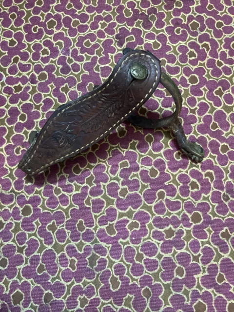 Western Cowboy Spur 10 Point With Tooled Leather Strap & Brass Decor Vintage