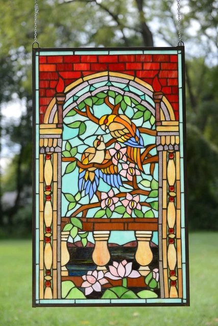 20.75" x 35" Handcrafted stained glass window panel Love Birds Two Parrots