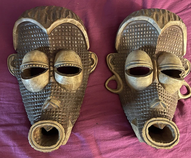 Masque Africain Artisanal En Bois - 2 Singes Et Oiseau - Sculpture Faite Main