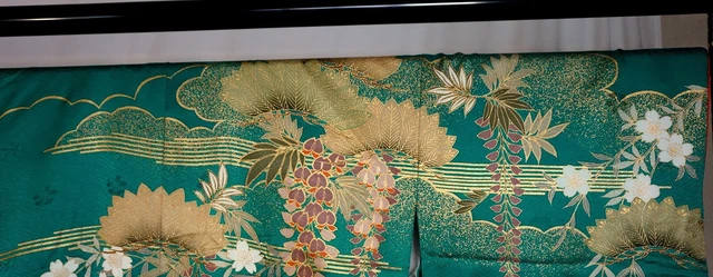 Japanese kimono SILK"FURISODE" long sleeves, Gold thread/leaf, KIK,L5' 3.7".3196 2