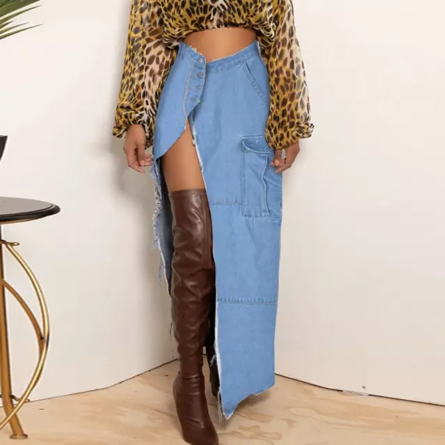 Sexy Femme Jeans Jupe Cargo Haut Dos Séparé Cuisse Poche Gland Longue Maxi