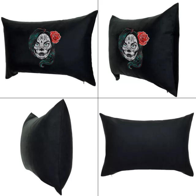 Totenkopf LADY mit Rose PREMIUM Kissen tribal Skull Tattoo Dekokissen  - 40x60cm 2