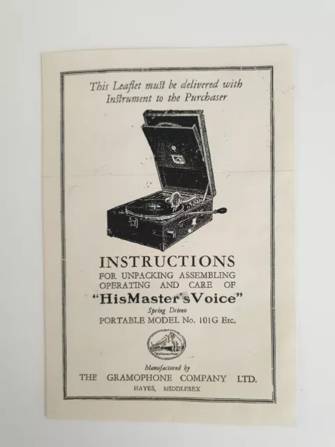 Hmv His Masters Voice 101 Gramophone Instruction Manual