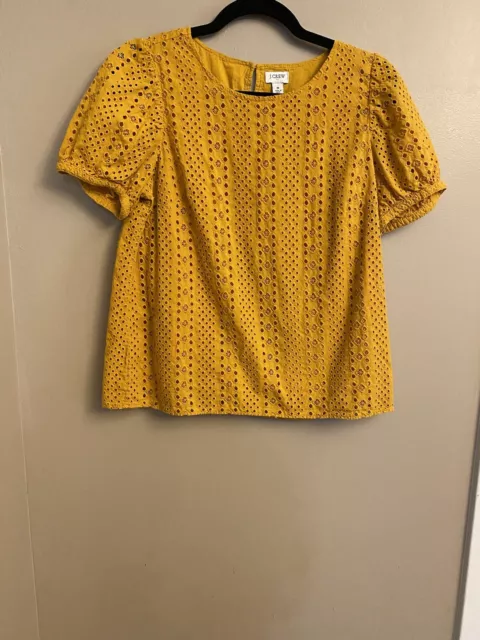 J Crew Top Womens Small Mustard Eyelet Puff Sleeve Round Neck Boho Blouse Artsy