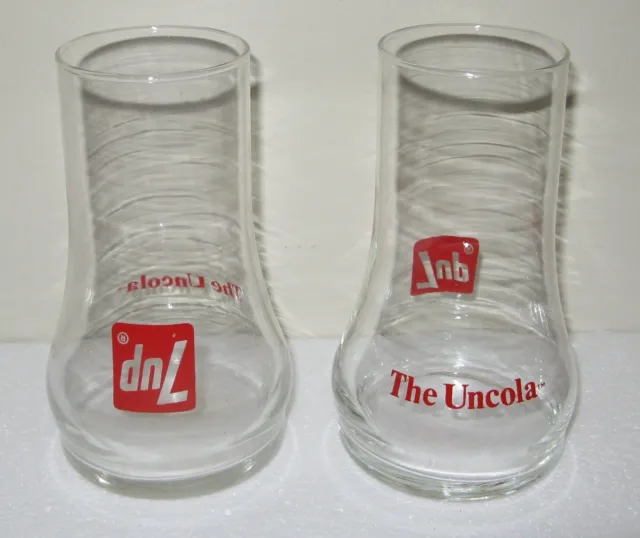 2 Vintage 1970's 7-Up Upside Down The Un-Cola Drinking Clear Glass Soda Pop Cola