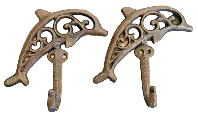 Two Dolphin Wall Hooks Cast Iron Rustic Brown 6" X 5" X 1" Nautical Gifts