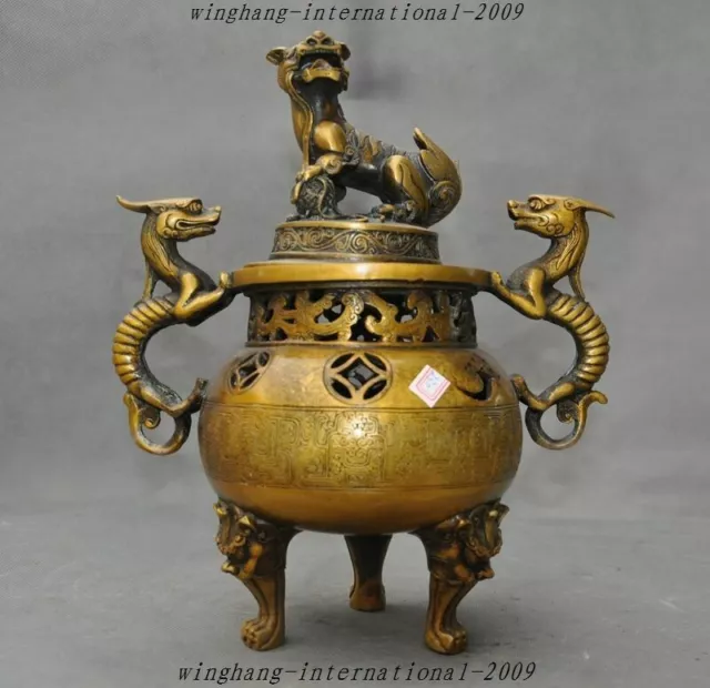 11" marked old Chinese bronze foo dog dragon beast statue Incense burner Censer