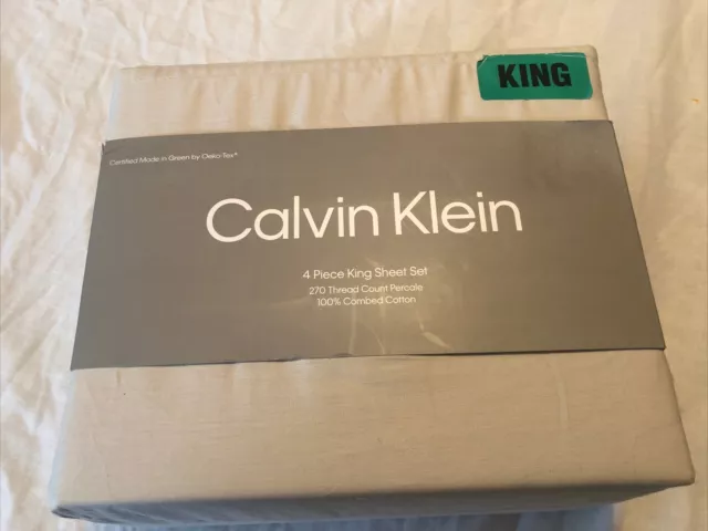 Calvin Klein 100% Combed Cotton 4 Pc. KING SIZE Sheet Set 270 TC Light Gray NEW