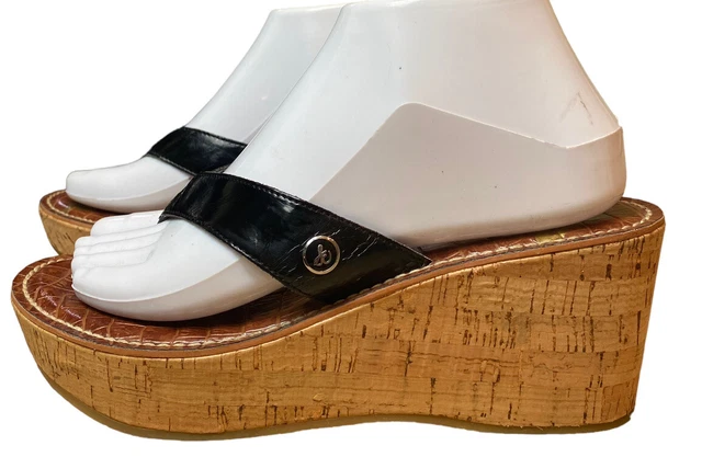 Sam Edelman Women’s Size 8 Black Patent ‘Romy’ Cork Platform Wedge Thong Sandals