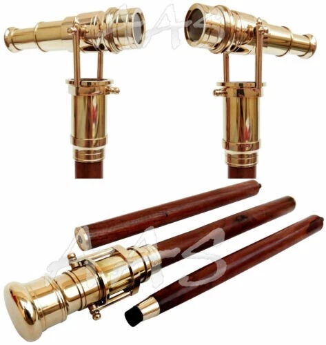 Vintage Brass Telescope Hidden Cane Folding Wooden Walking Stick Nautical Gift