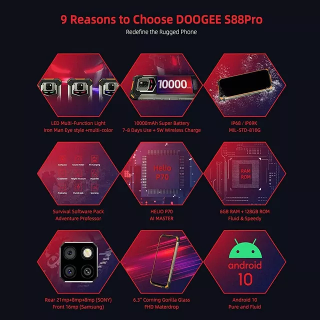 DOOGEE S88-PLUS 8GB+128GB Robuste Smartphone 10000mAh Android 10 IP68 Handy 48MP 2