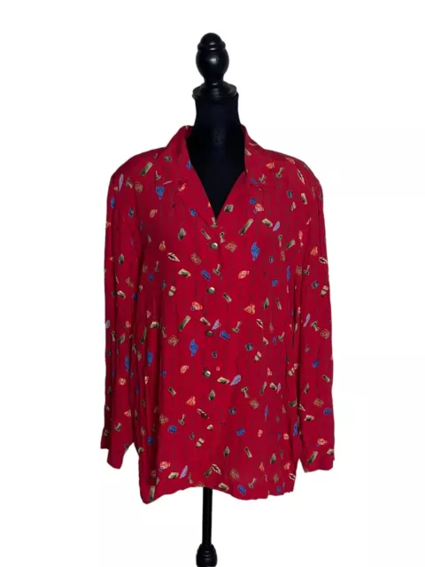 Stephanie Thomas Size 14 Red Printed Short Sleeve Button Rayon Shirt 2