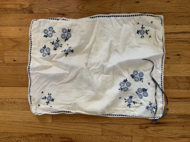 Vintage white Linen Hand Embroidered Blue Floral Eyelet Button Back Pillow Sham