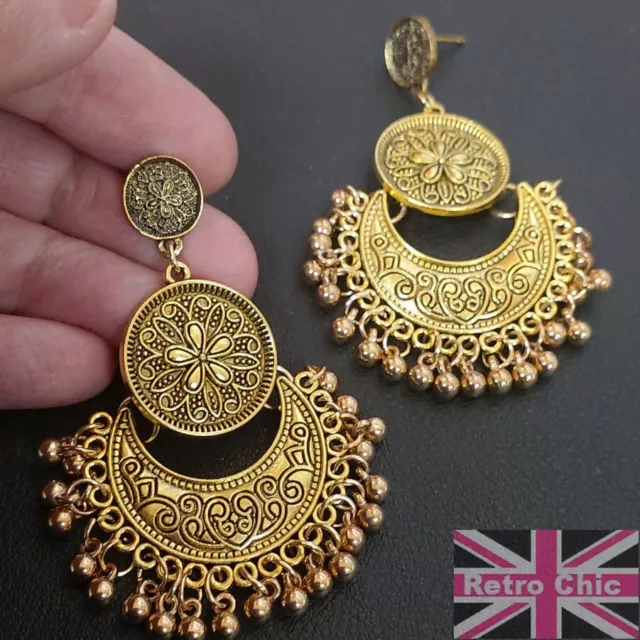 BIG 6cm long CHANDELIER ornate gypsy EARRINGS boho retro filigree ANTIQUE GOLD