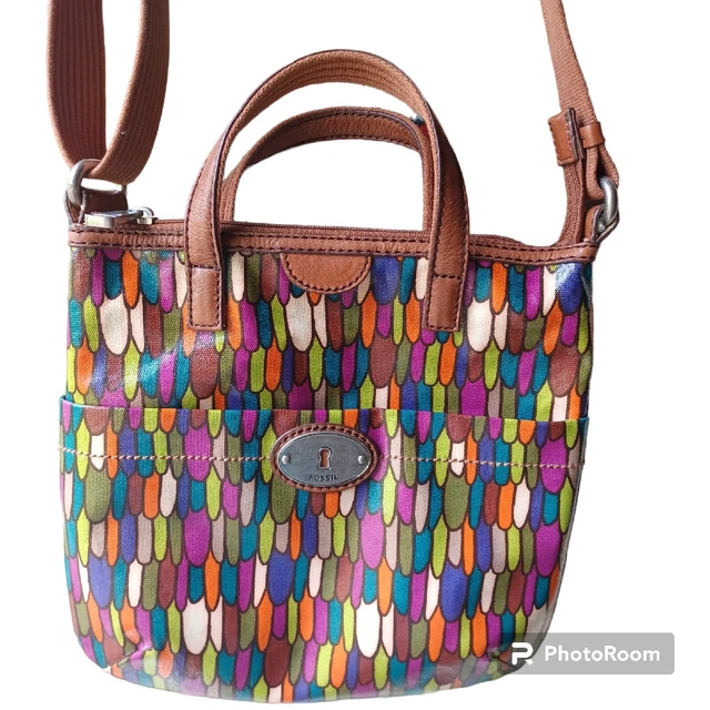 Fossil Calypso Key-Per Multi Color Feather Print Coated Crossbody Bag Purse
