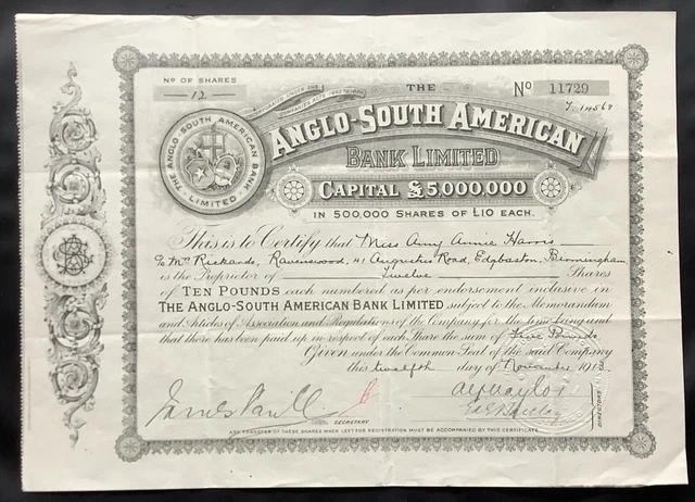 Anglo-South American Bank Limited Share Certificate 1913