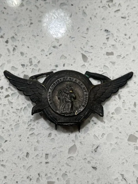 Vintage St. Christopher Catholic Military Car Visor Badge- Antique Brass
