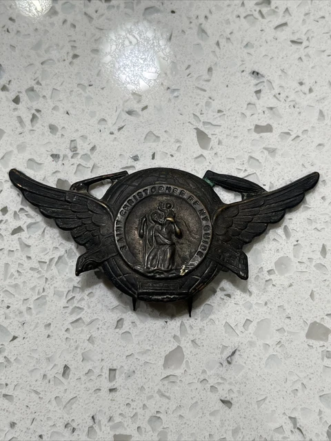 Vintage St. Christopher Catholic Military Car Visor Badge- Antique Brass