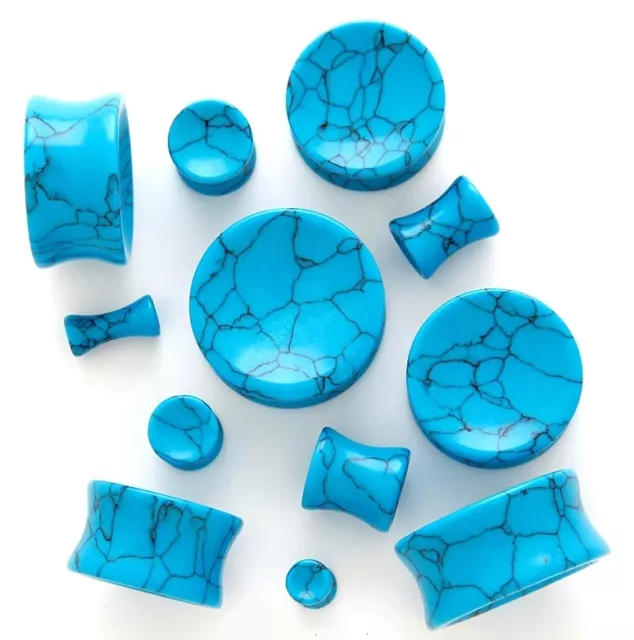 1 Pair Organic Stone Concave Saddle Plugs Ear Gauge Blue Turquoise Pick Size 137
