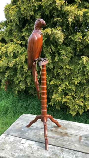 Beautiful Vintage Hand Made Tall Wooden Parrot On Wooden Stand *