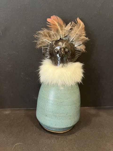 Native American Art Pottery Kachina Doll Figurine Rattle Bird Feathers Signed