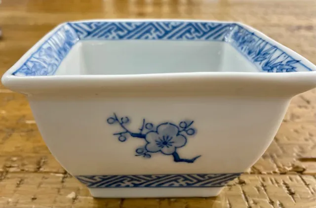 Vintage Oriental Blue & White Square Chinoiserie Decor Bowl with Bonsai Tree...