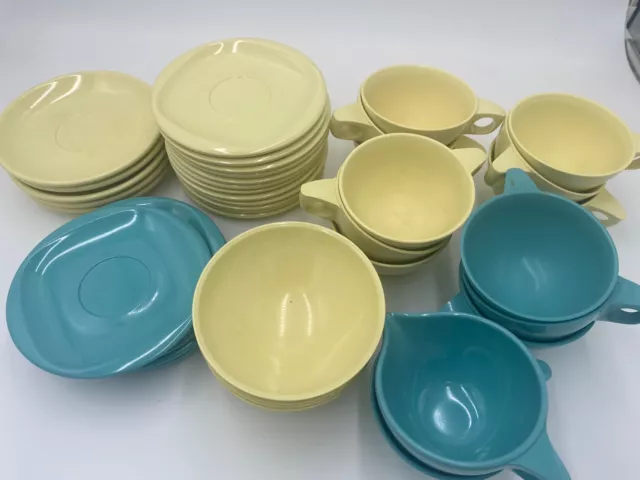 Boonton ware Blue Yellow Melmac Saucers 1202-6 Plates Coffee Cups Bowls Melamine