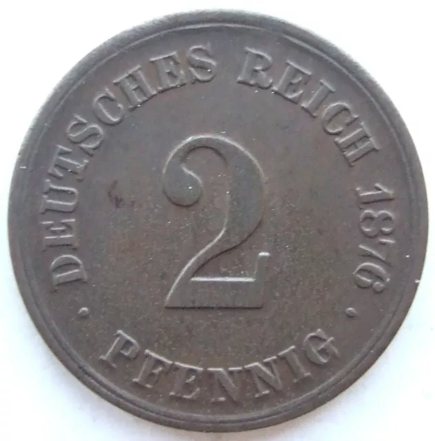 Moneta Reich Tedesco Impero Tedesco 2 Pfennig 1876 H IN Extremely fine /