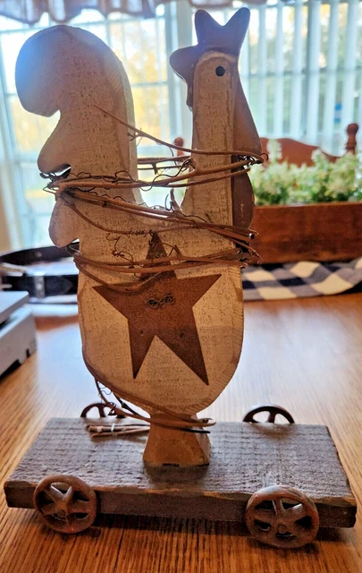 Primitive Style Wood Folk Art Rooster On Wheels Country Farmhouse