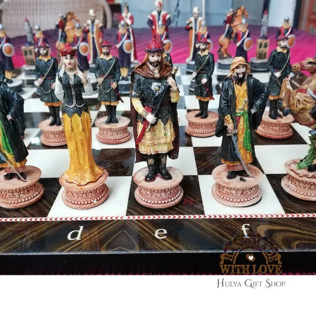 Chess Set Hungarian vs Ottoman Hand Painted Chess Pieces and Walnut Game Board