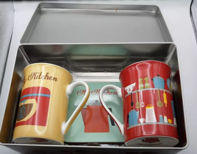 Set of Two Dora Papis Easy Life Mug My Kitchen Mugs and Cork Coasters in Tin Box