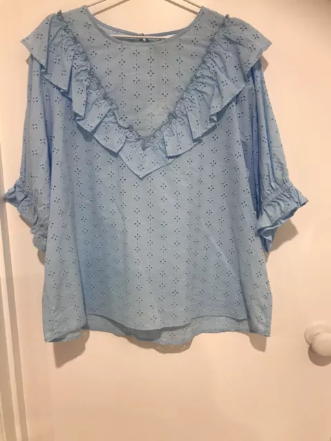 JEANSWEST BNWT Blue Sky Daisy Broderie Puff Sleeve Top Size 14 RRP $59.99
