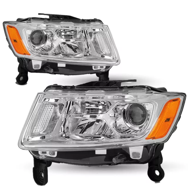 For 2014-2016 Jeep Grand Cherokee Halogen Projector Headlight Chrome Pairs L+R