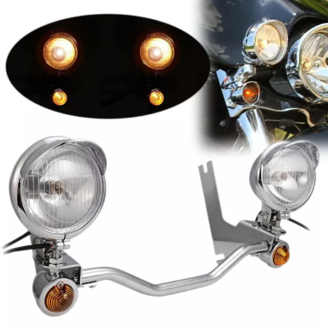Chrome Spot lights Passing Lamp Mount Light Bar For Harley Touring 1994-2013