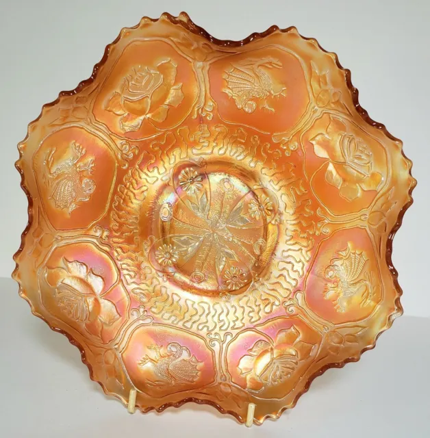 Antique Fenton Glass Iridescent Marigold Carnival Dragon & Lotus Ruffled 9" Bowl