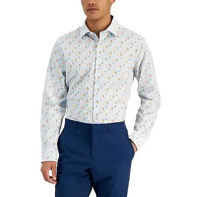 Bar Iii Men's Slim Fit Cocktail-Print Dress Shirt Large White Navy