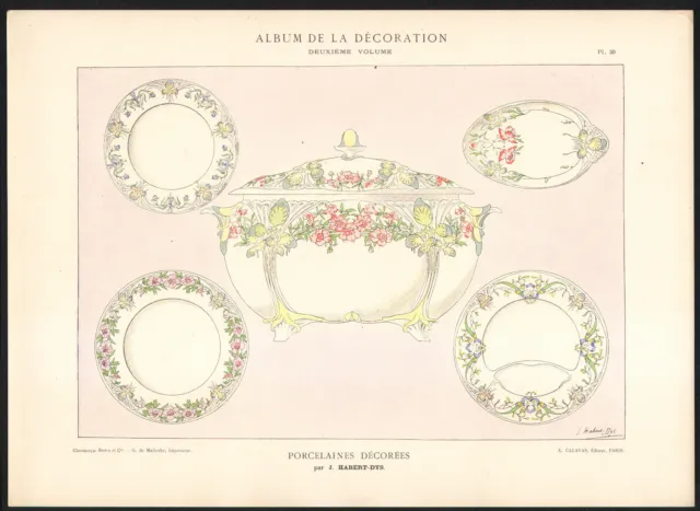 1900 Lithographie Porcelaines assiettes Art nouveau Album de la décoration