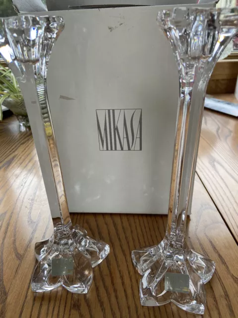 Vintage Pair Of Mikasa Crystal Star Flower Petals 9" Candlestick Holders