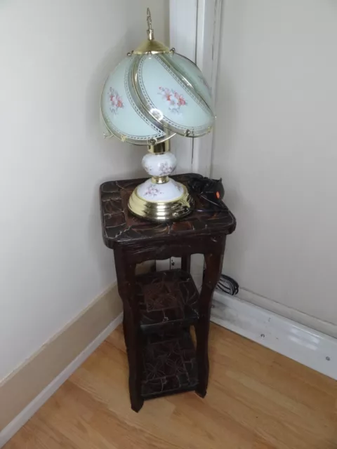 Vintage Touch Table Lamp Copper & Ceramic Base With Pink Blossom Glass Shade