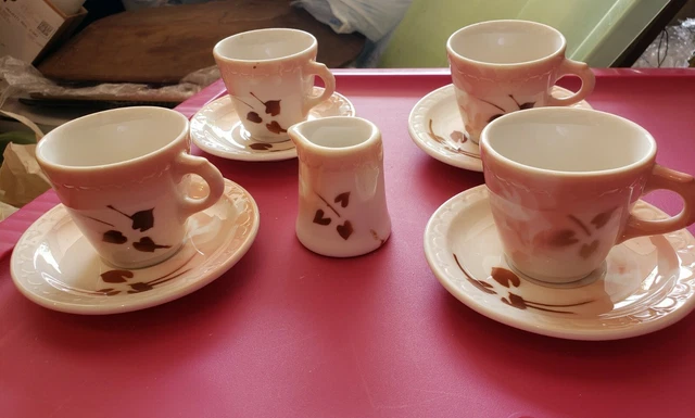 SYRACUSE CHINA 1956 Railroad  Demitasse Cups & Saucer & Creamer 4 Sets Tea Leaf