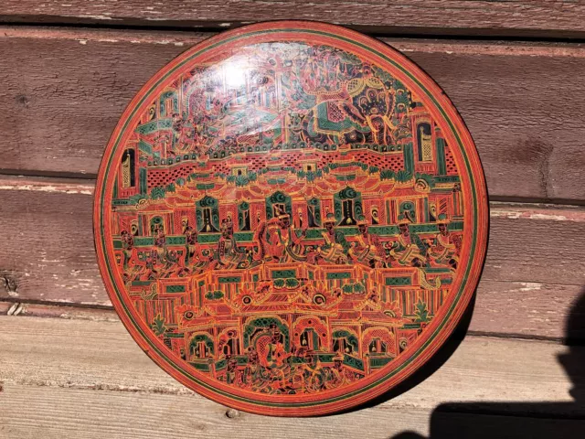 Antique BURMESE Lacquer Round Wood Betel Nut Box Container Divided Indonesian