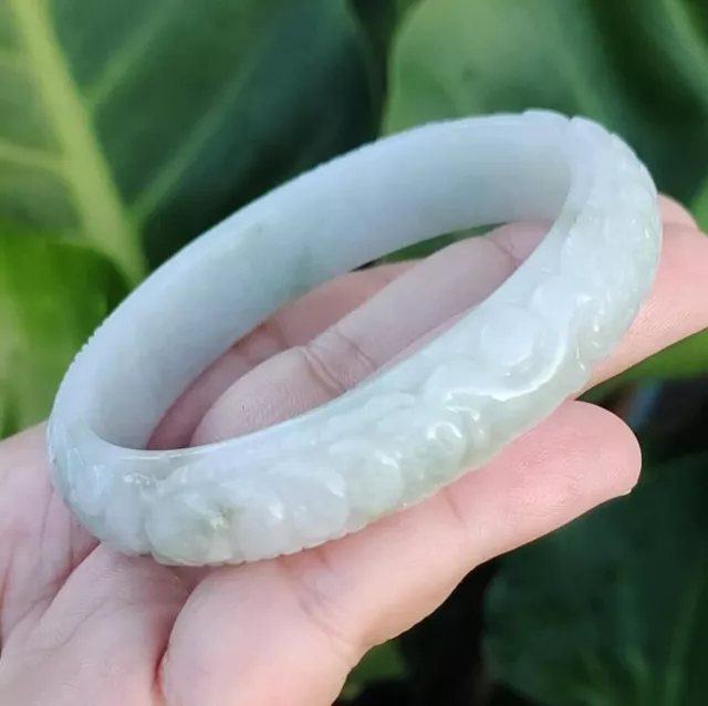 Jade Bangle Myanmar Carved White Green Honey Jadeite Flat Inner Beautiful 59 mm