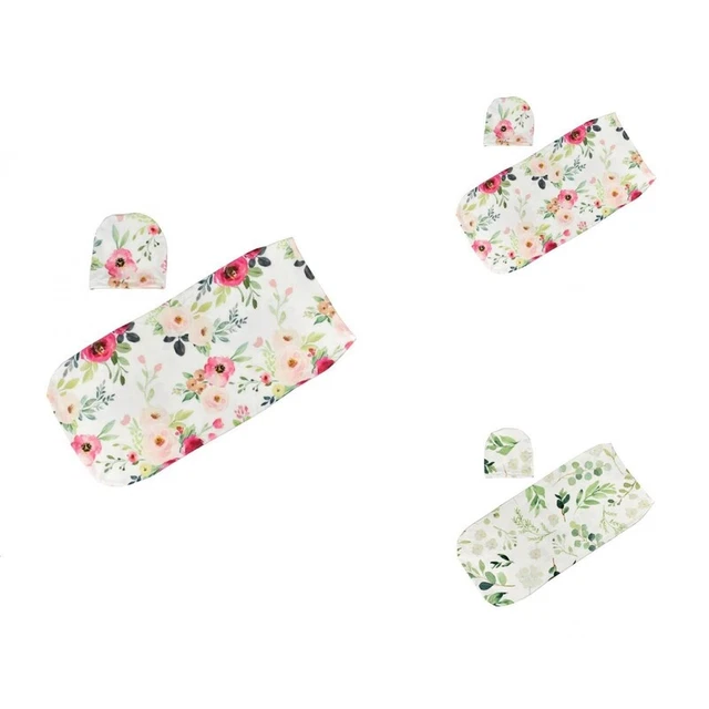 Juego de 2 piezas para bebé niño niña floral elástico pañal manta sombrero envoltura cabeza 70